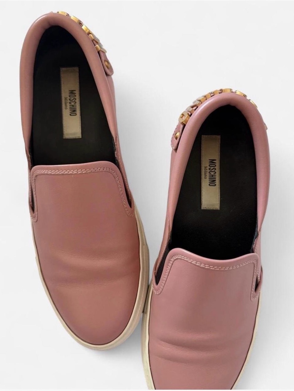 Moschino Rose Pink Leather Slip-On Sneakers with Gold Stud Trim